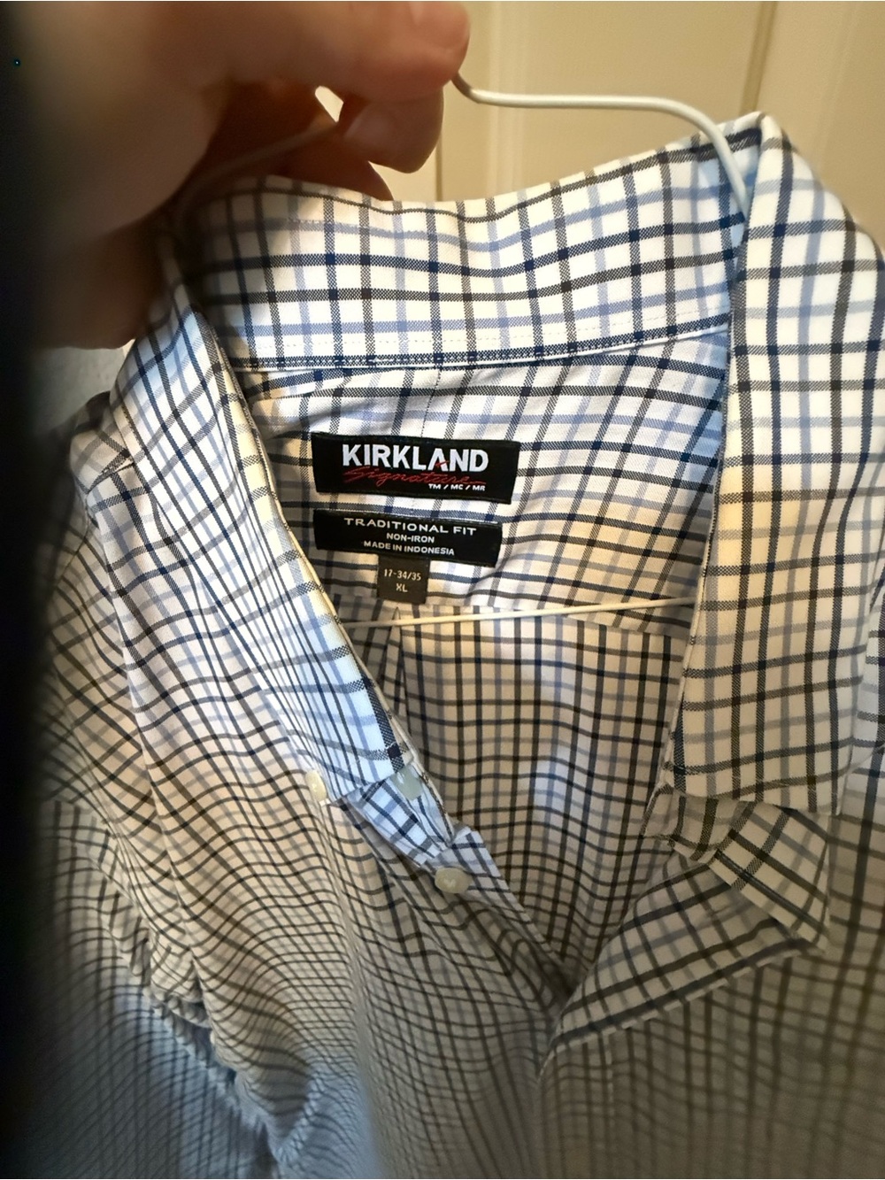 Kirkland Signature White and Blue Windowpane Dress Shirt